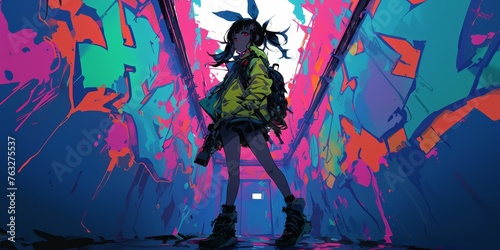 A girl stands in an anime-style illustration on the corridor of her school, wearing colorful fashion and graffiti art on the walls behind her. The scene is bathed in soft neon light