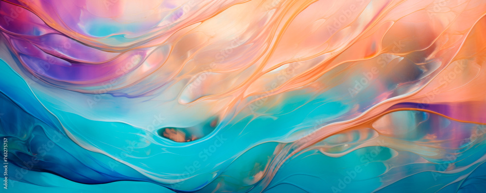 An abstract painting showcasing swirls of blue, pink, and orange colors blending and converging in a dynamic composition. The bold hues create a vibrant and energetic visual. Banner. Copy space