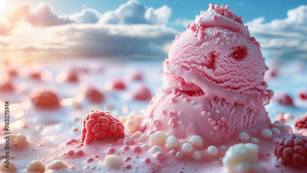 Pink Ice Cream with Berries Melting on Sandy Beach, Sparkling Sea Background, AI-Generated Pink Ice Cream with Berries Melting on Sandy Beach, Sparkling Sea Background, AI-Generated