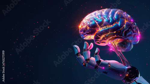 A dynamic image portraying a futuristic robot's arm holding a brain bathed in radiant light against stars