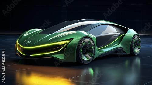 The sleek, green concept car with glowing accents and futuristic design