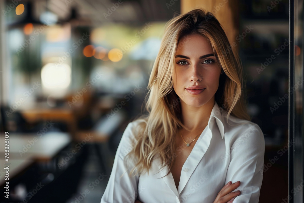 Self-assured young woman with blonde hair in white blouse at cafe. Casual professional portrait with bokeh lights in background. Modern lifestyle and urban living concept with copy space