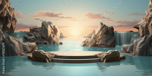 Podium stage with water and rocks in the background © PNG City