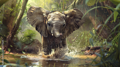 A charming baby elephant splashing in a watering hole surrounded by lush © Bordinthorn