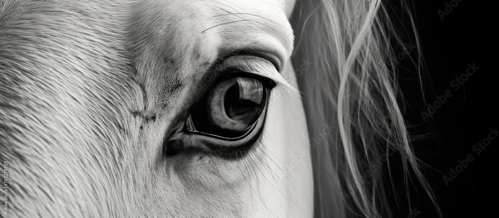 Φωτογραφία A closeup of a horses eye in a blackandwhite monochrome photo, showcasing the eyelash, grey color, and wrinkles