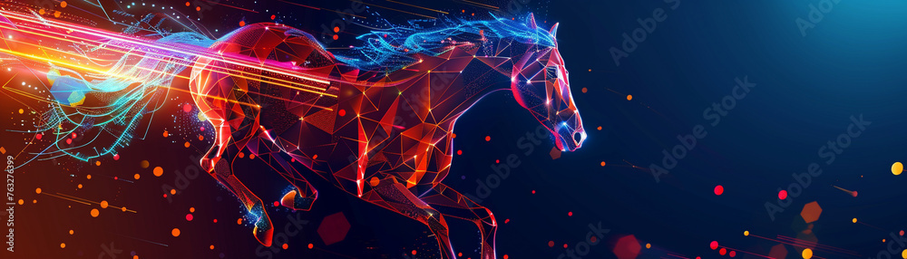 A powerful horse racing through a digital world of neon lights and geometric shapes - obrazy, fototapety, plakaty 