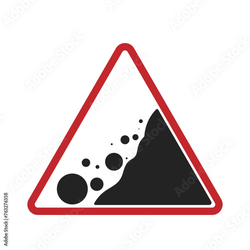 Isolated triangle sign of landslide, falling rock risk ahead, a safety road sign