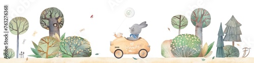 Bunny rides in a yellow sports car. Watercolor illustration. Children's decor. Landscape with car and flower bushes.