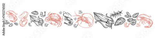 Hand drawn isolated vector set of seafood. Shrimps, langoustines, prawns, salmon, trout, oysters, mussels, squid, crab. Food vintage illustration and template on a white background. photo