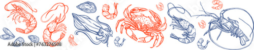 Hand drawn isolated vector set of seafood. Shrimps, langoustines, prawns, salmon, trout, oysters, mussels, squid, crab. Food vintage illustration and template on a white background.