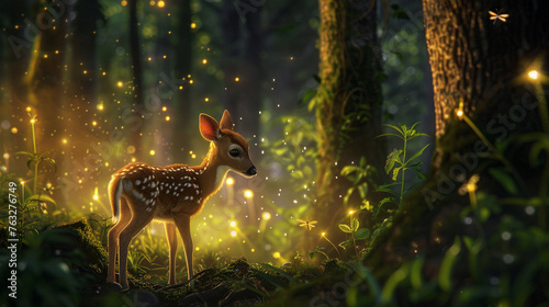 A sweet baby deer exploring a magical forest filled with glowing fireflies and towering trees
