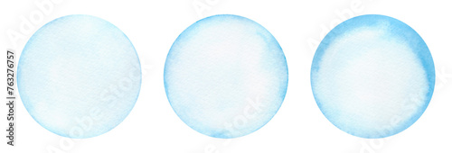 A set of watercolor circles, bubbles in pastel shades, isolated on a white background, hand-drawn. Round light blue blank backgrounds. A decorative element for decoration, design with a place for text