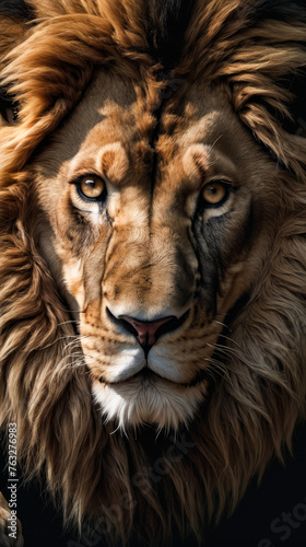 Lion's face is shown in close up with slight sideways view.