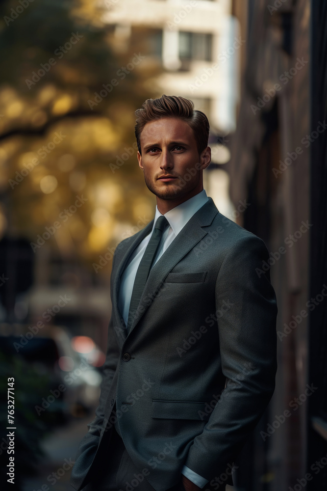 Focused businessman in tailored suit standing in a city alley. Outdoor portrait with soft bokeh background for editorial and commercial use Focused businessman in tailored suit standing in a city alley. Outdoor portrait with soft bokeh background for editorial and commercial use