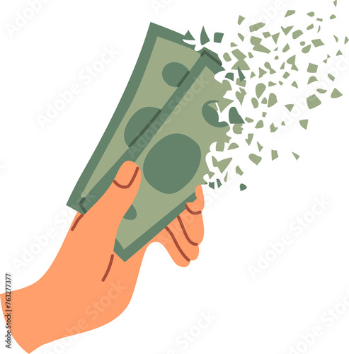Money in person hands quickly disappears due to high inflation caused by crisis or lack of financial planning. Human loses earned money after accelerating inflation and rising living costs
