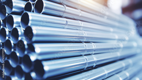 Galvanized steel pipe or Aluminum and chrome stainless pipes in stack waiting for shipment in warehouse.
