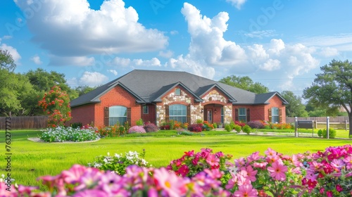 Model house with beautiful brick walls with flowers and blue sky