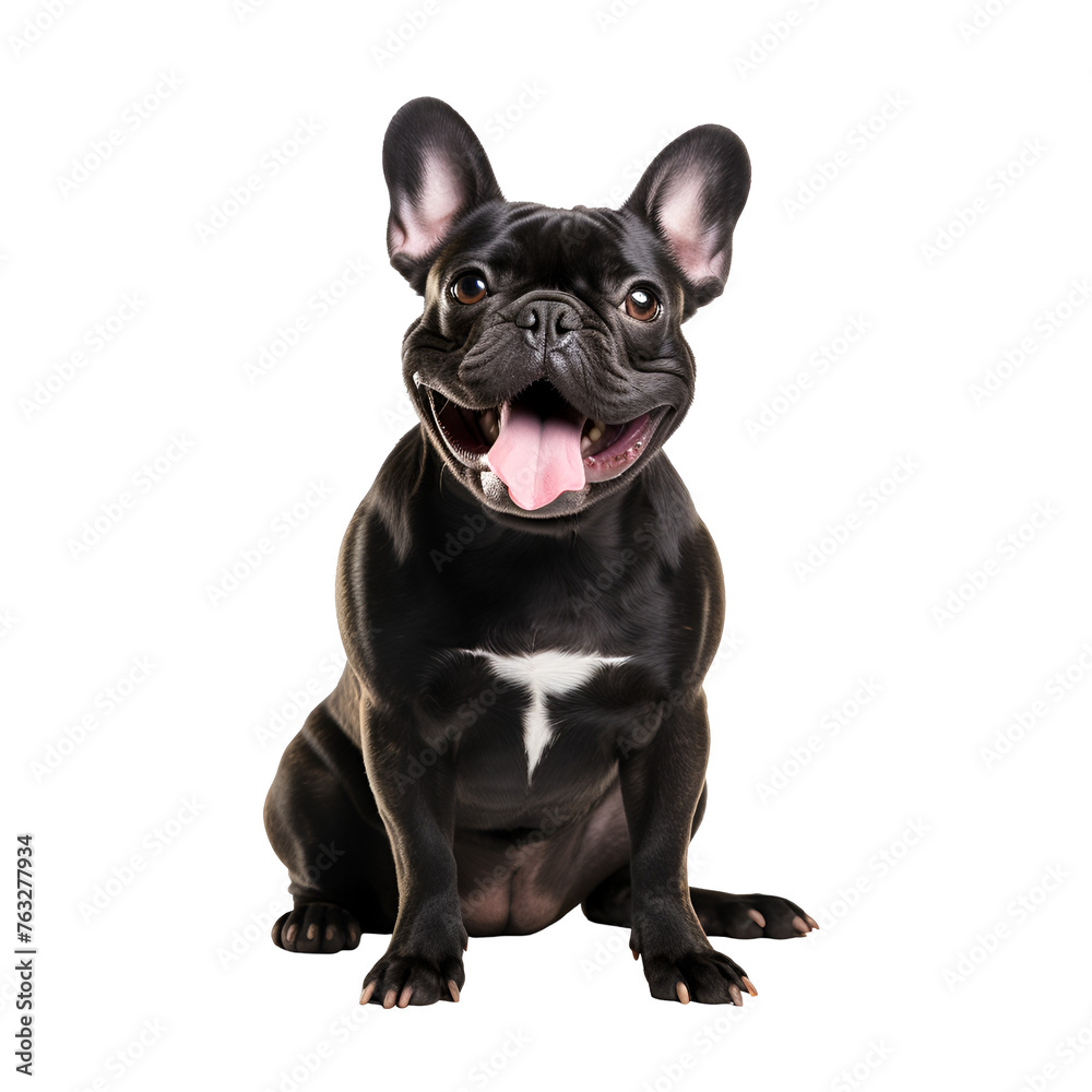 A full body view of a happy sitting French Bulldog dog, Isolated on Transparent Background, PNG