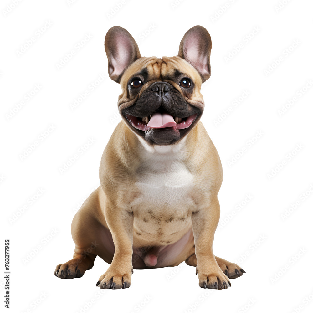 Sitting French Bulldog dog in full body, happy, Isolated on Transparent Background, PNG