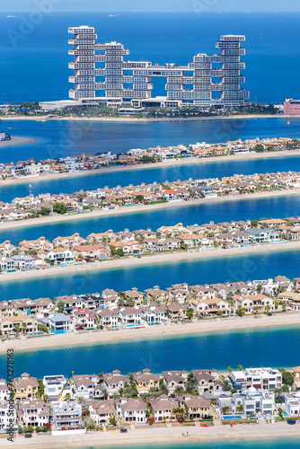 Dubai The Palm Jumeirah with Atlantis The Royal Hotel artificial island from above portrait format