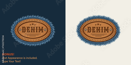 Leather textured oval, elliptical label with text, stitching, rivets, denim fringe. Text graphic style is included. Detailed design element on dark, white background.