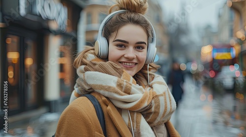 Stylish Urbanite: Young Woman Grooves to Music on Smartphone while Exploring City in Fashionable Attire photo