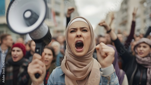 a woman in the hijab shouting through a megaphone,