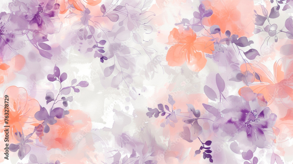 A painting featuring purple and orange flowers against a white background. The flowers are vibrant and detailed, standing out against the pure white canvas. Banner. Copy space