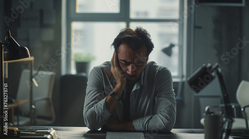 A depressed businessman, manager or boss sitting in a office chair and thinking about crisis and risks with a sad frustrated mood. Burnout, stress and overwork. Business loss or bankruptcy.  photo