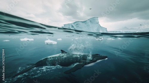 Underwater Ocean Scene with Fish and Whale, Above Water Iceberg View © DVS