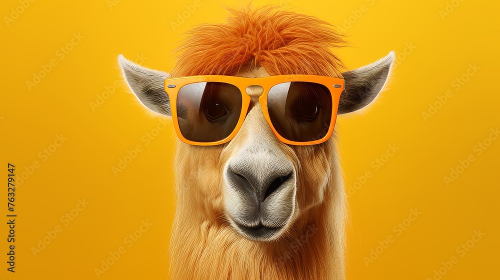 Obraz premium Funny alpaca in sunglasses on orange background. Humorous animal with copy space for text