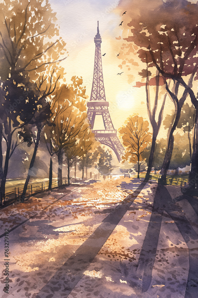 Watercolor Painting of the Eiffel Tower at Sunset with Trees and Birds in Paris, France