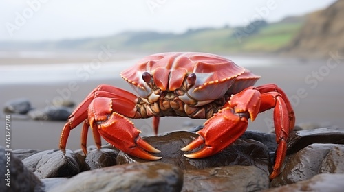 Crab on beach coast with blurred background, copy space for text, and ocean waves © Georgi