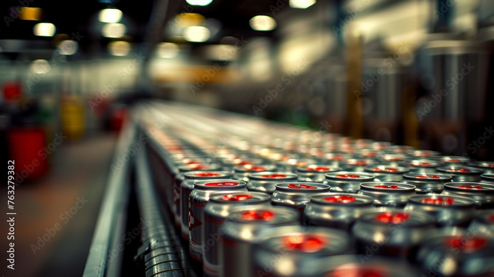 Close-Up View of Silver Beer Cans on Conveyor Belt at Production Plant