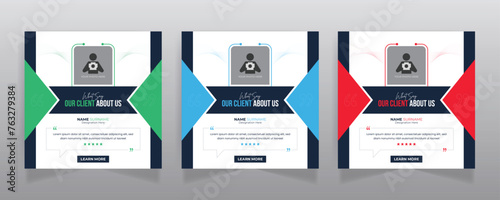 Client testimonial social media post design and square web banner template