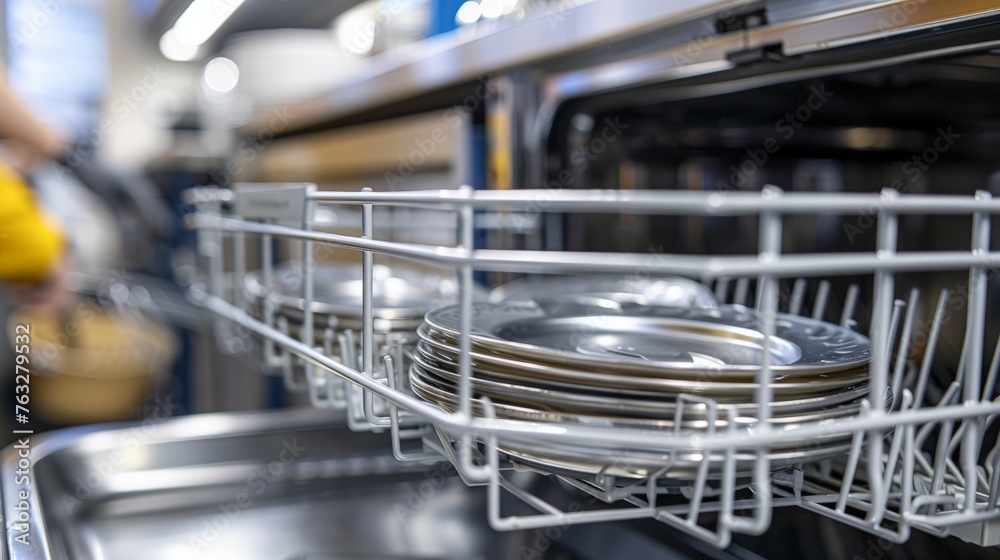 Close-Up of Open Dishwasher with Stainless Steel Plates and Cutlery