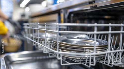 Close-Up of Open Dishwasher with Stainless Steel Plates and Cutlery