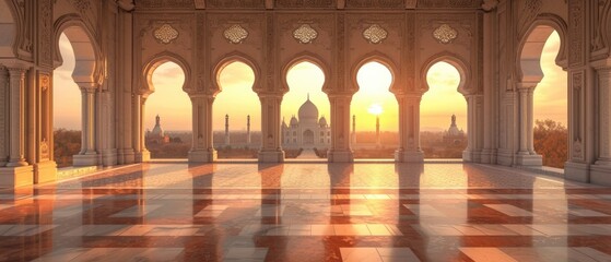 A close-up view of elegant Arabian arches. Ramadan Kareem background with mosque arch. Islamic greeting Eid Mubarak cards for Muslim Holidays festival celebration.