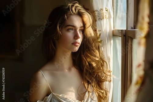 As she looked out the window, lost in thought, the sunlight caught the highlights in her hair, turning each strand into strands of spun gold. 