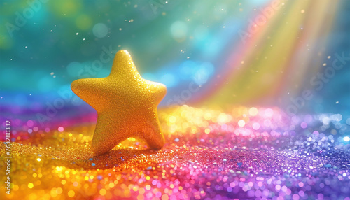 3d animation, abstract colorful star background with rainbow color neon glowing lines and reflection floor. Star rainbow star rainbow particles