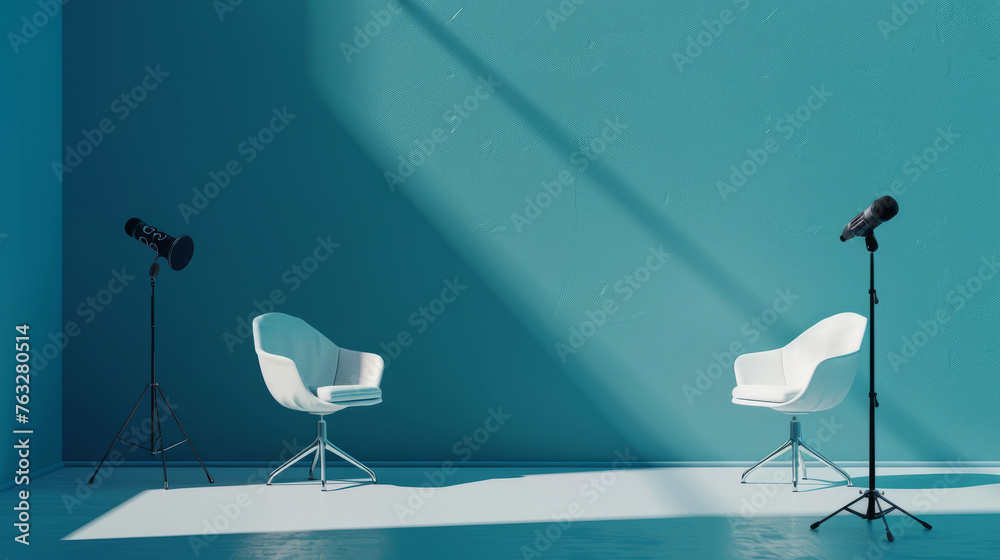 l Two chairs and microphones in a podcast or interview room isolated on a blue background as a wide banner for media discussion l Two chairs and microphones in a podcast or interview room isolated on a blue background as a wide banner for media discussion