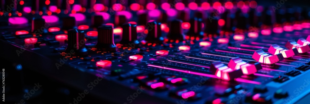 Mixing console with neon lighting reflected from smooth surfaces Mixing console with neon lighting reflected from smooth surfaces