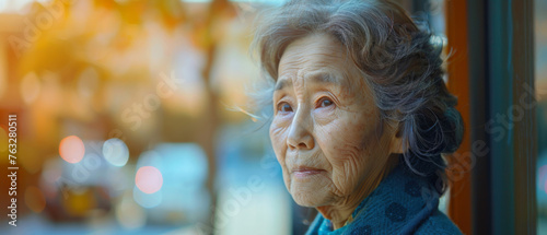 Thinking, depressed and senior Asian woman in retirement home, reflection and remembering past life. Elderly, pensioner and contemplating future or memory, nostalgia with warm sunset background