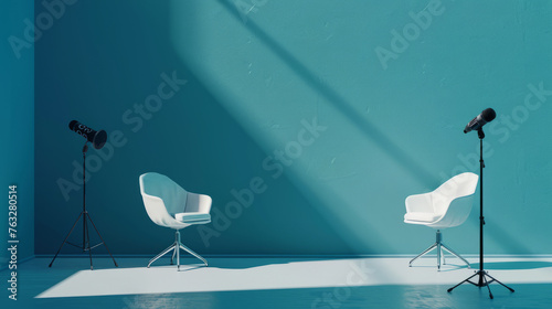 l Two chairs and microphones in a podcast or interview room isolated on a blue background as a wide banner for media discussion © Itsaraporn