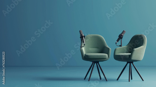 l Two chairs and microphones in a podcast or interview room isolated on a blue background as a wide banner for media discussion photo
