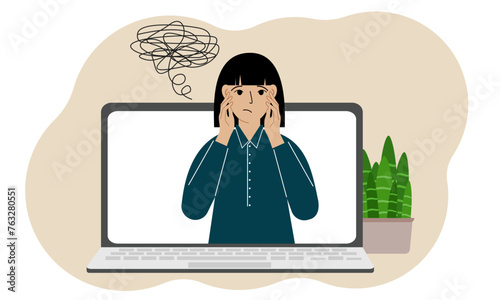 Online consultation with a psychologist. Laptop with a woman with confused thoughts. Psychotherapeutic practice, psychiatric consultation.