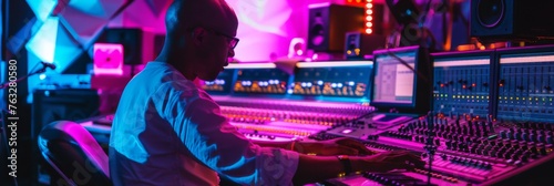 Sound engineer working at the mixing console surrounded by neon lights