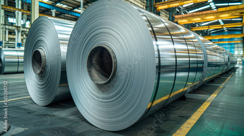 Rolls of galvanized steel sheet inside the factory or warehouse.