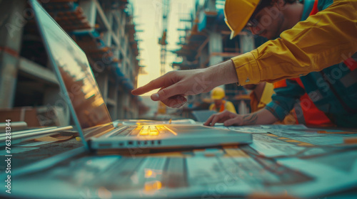 A yellow-helmeted engineer points at a screen, discussing details on a construction site.