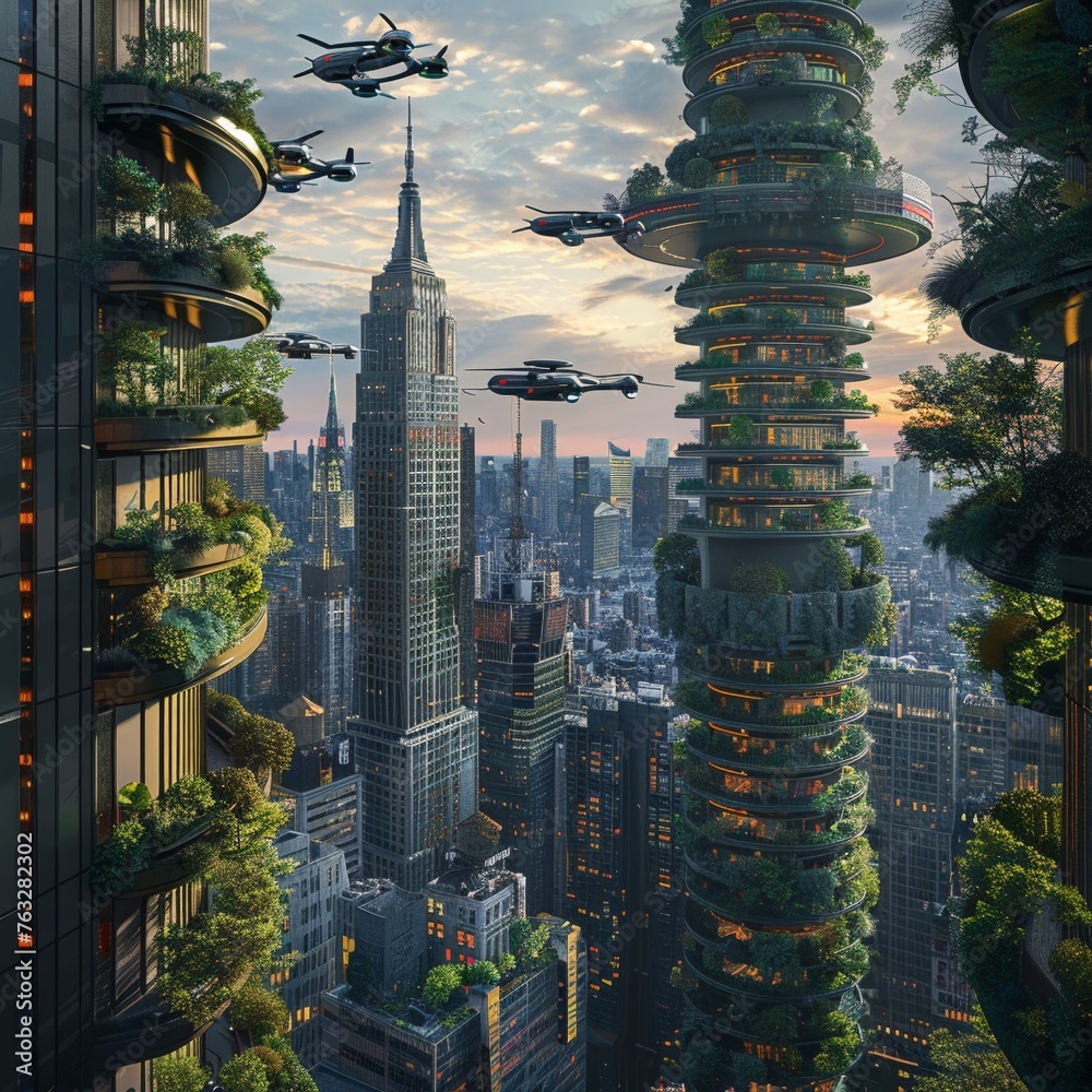 Obraz premium Autonomous flying cars zipping through a futuristic Manhattan